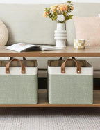 StorageWorks Storage Bins, Fabric Storage Bins for Shelves, Large Storage Baskets with Metal Frame, Closet Baskets and Bins with Handles, Green and White, 2-Pack