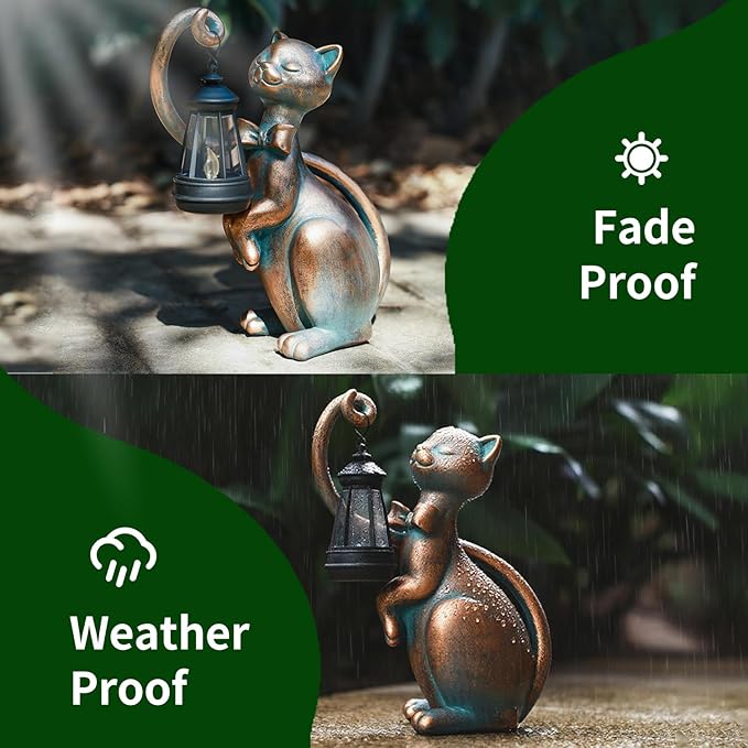 WHIMSYNOOK 10.7" Bronze Cat Solar Garden Statue Light – Cute Kitty Design, Bronze Finish, Solar-Powered LED, Outdoor Yard & Lawn Décor, for Cat Lovers, Mom, and Garden Enthusiasts