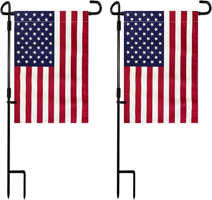 TOPFLAGS Garden Flag Stand with American Flag Garden Flag Metal Yard Flag Holder Pole Stake Small Flag Stands for Garden Flags 12 x 18 with Clips and Stopper 2 Pack