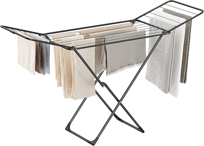 SONGMICS Clothes Drying Rack, Metal Laundry Drying Rack, Foldable, Space-Saving, Free-Standing Airer, with 2 Gullwings, Indoor Outdoor Use, Bed Linen Clothing, Black ULLR540B01