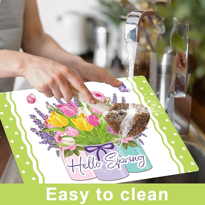 Spring Placemats Set of 6 Easter Plastic Table Mats Tulip Place Mats Washable Vinyl Flower Vase Spring Table Decoration for Indoor Outdoor Party Kitchen Dining