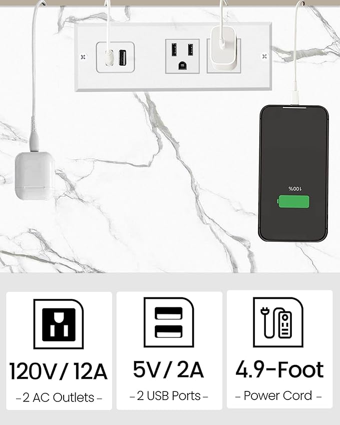 TUTOTAK End Table with Charging Station, Set of 2, Small Side Table, Nightstand Bedside Table, 2-Tier Storage Shelf for Small Space, Living Room, Bedroom, Marble White TB01BMW041