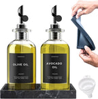 Olive Oil Dispenser Bottle For Kitchen With Silicone Tray & 40 Labels, Soy Sauce Dispenser, Coffee Syrup Dispenser, Olive Oil Bottles Set Of 2, Black