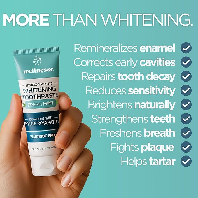 Wellnesse Hydroxyapatite Toothpaste – Fluoride Free for Sensitive Gums – Anti-Plaque, Remineralizing, Enamel Protection & Natural Whitening Toothpaste for Adults – Fresh Mint Flavor – 1.75 oz