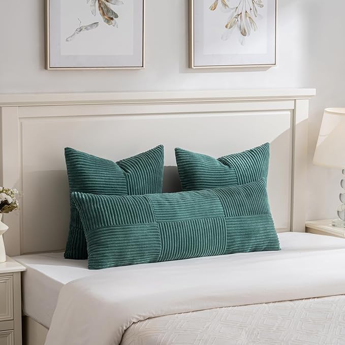 Fancy Homi Set of 2 Teal Boho Long Lumbar Body Decorative Throw Pillow Cover 14x36 Inch for Bed Couch Bedroom Bench, Soft Patchwork Corduroy Textured Pillow Case, Rustic Farmhouse Room Décor