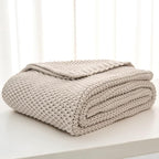 Longhui bedding Chunky Cable Knit Throw Blanket Lightweight Beige 100% Organic Cotton Blanket for Sofa Couch Bed Baby Nursery, Rustic Shabby Chic Modern Farmhouse, 60” x 80”
