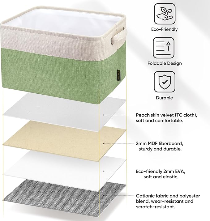 BALEINE 2 Pack Fabric Storage Bins for Shelves, Linen Storage Baskets for Organizing, Decorative Closet Bins for Clothes, Home (Green, 12"x8"x8")