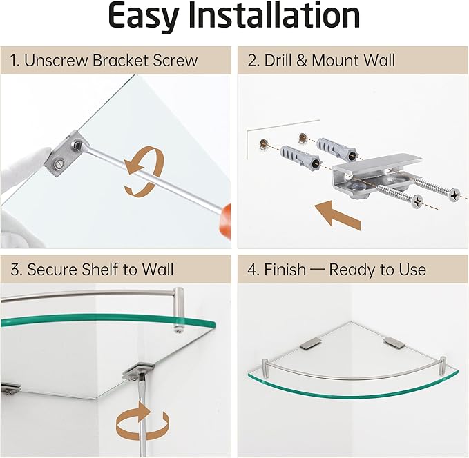 KES Glass Corner Shelf for Bathroom Corner Shelf 2 Pack Tempered Glass Shelf with Rail SUS 304 Stainless Steel Wall Mounted Brushed Finish, BGS2101A-2-P2