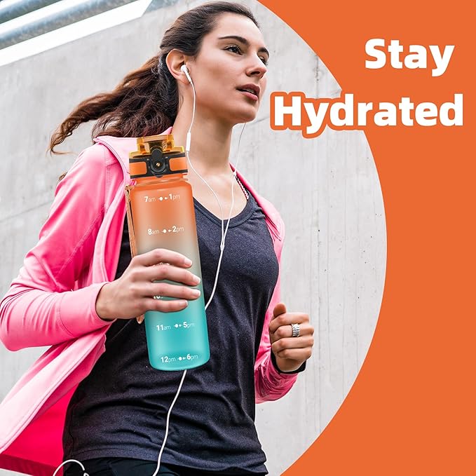 OLDLEY 32 oz Water Bottle, Motivational Water Bottle with Time Marker, Sports Water Bottle With Strap, Leakproof & BPA Free Large Water Bottles for School, Gym, Travel, Outdoor, Tritan,Orange&Green