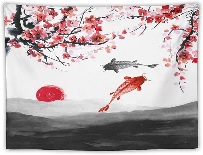 Japanese Koi Fish Tapestries, Cherry Blossoms Asian Oriental Flower Branch Koi Fish Carp Tapestry Wall Hanging for Bedroom Living Room Office Decor 40"x30"