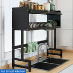 Dish Drying Rack, 3-Tier Over Sink Dish Drying Rack, 33.5" Over Sink Dish Rack for Small Kitchen, Space-Saving Dish Rack with Cover, Baskets, Utensil, Large Sink Storage Organizer Black