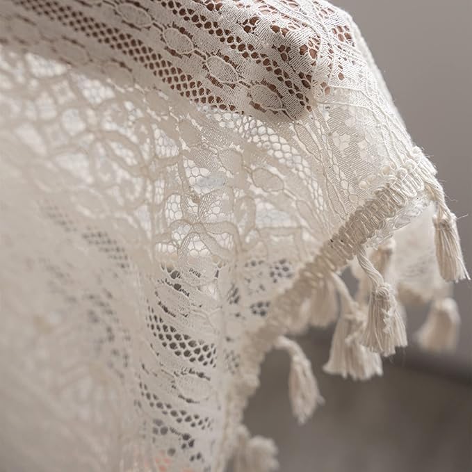 Sutuo Home Boho Curtain Crochet Lace Semi-Sheer Florals Hollow Knitted Handmade Tassels, Rod Pocket Window Treatment Vintage Rustic Farmhouse Drapes for Living Bedroom, 1 Panel 59" W x 108" L, Beige