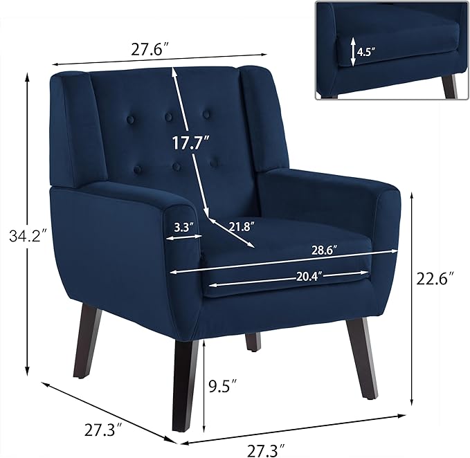 UIXE Accent Chair, Velvet Upholstered Armchair for Living Room, Modern Club Arm Chairs Comfy Single Sofa Button Tufted Bedroom Reading Seat - Royal Blue, Set of 1