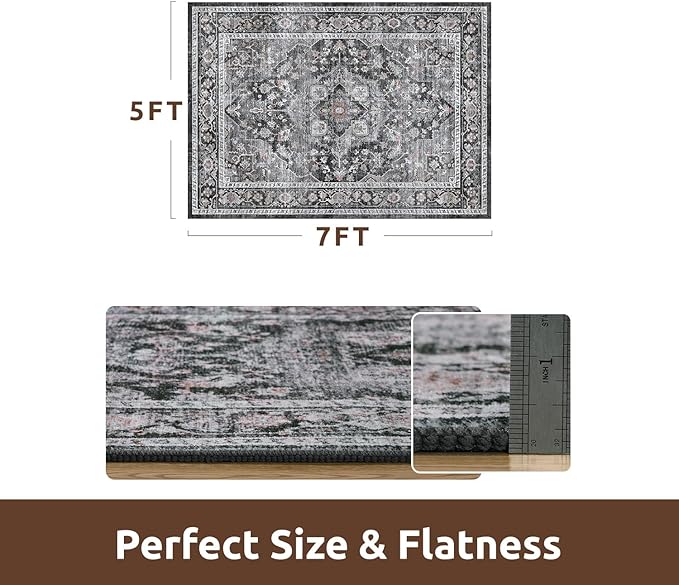 AMOAMI-Area Rug 5X7 Rugs for Living Room-Vintage Soft Black Rugs for Bedroom-Non Slip Carpet-Machine Washable Rug for Dining Room Living Room Bedroom Office Under Table Dark Grey & Black
