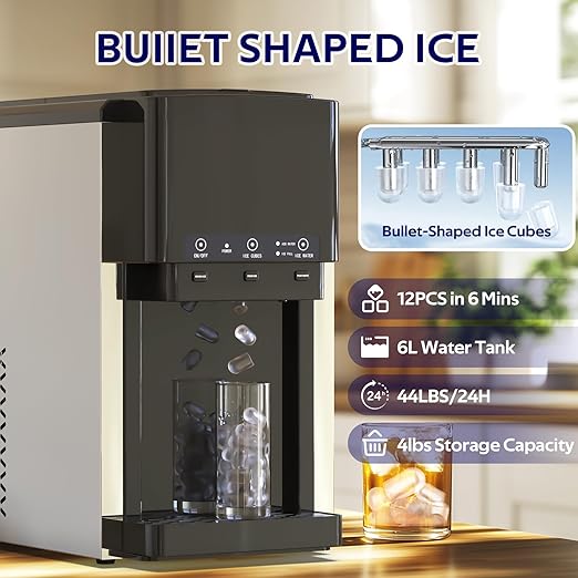 3 in 1 Water Dispenser with Ice Maker, Nugget Ice Maker Countertop, Bullet Ice, Crushed Ice, Water Cooler, 44Lbs/24H, 12 Ice Cube/6Min, Self-Cleaning, 4Lbs Ice Storage, Home, Kitchen, Party, RV