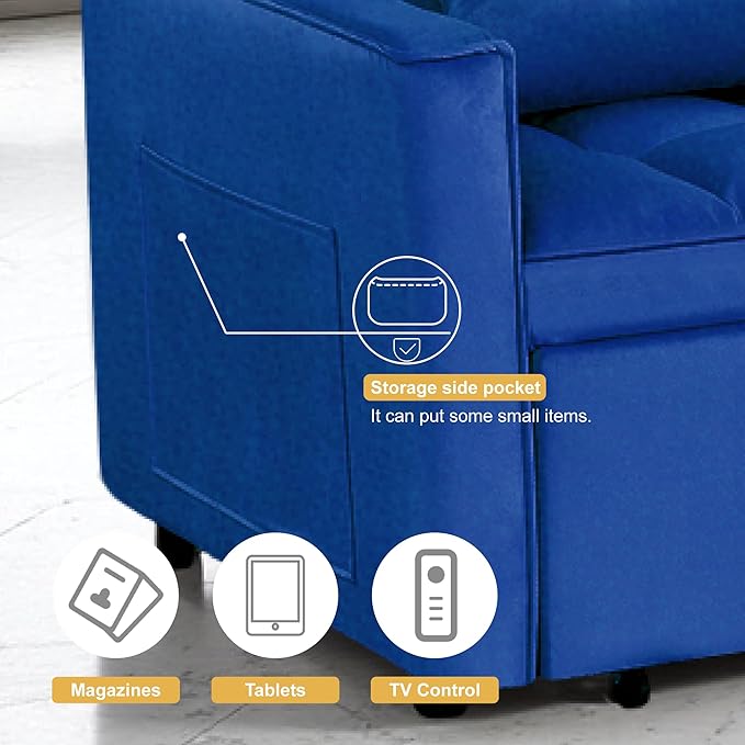 3 in 1 Sleeper Sofa Bed, Futon Sofa Bed for Living Room with Side Pocket, Blue Sleepers Sofas Couch with Pullout Beds, Convertible Love Seat Sleepers couch for Living Room, Bedroom, Small Space