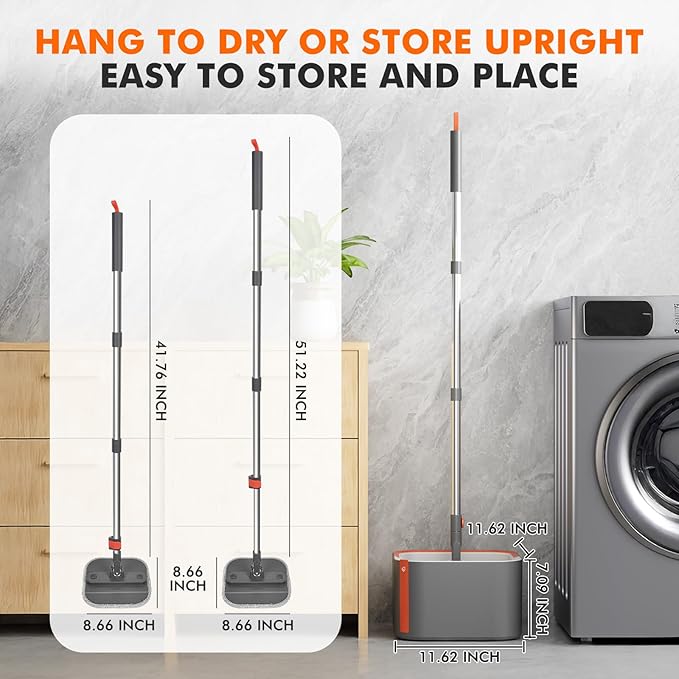 Upgraded Spin Mop and Bucket Self-Standing Mop Bucket Separate Dirty and Clean Water System Self Wringing 360° Rotating Clean Mop and Bucket Set (Drak Gray, 14Pads Mop and Bucket Set)