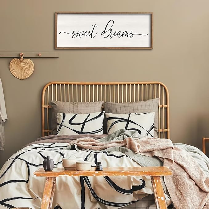 Sweet Dreams Wall Decor Above Bed 40''×15'' Master Bedroom Large Sweet Dreams Sign Farmhouse Wall Decor Guest Room Wood Rustic Framed Over Bed Wall Art Hanging Decoration (Wood White)