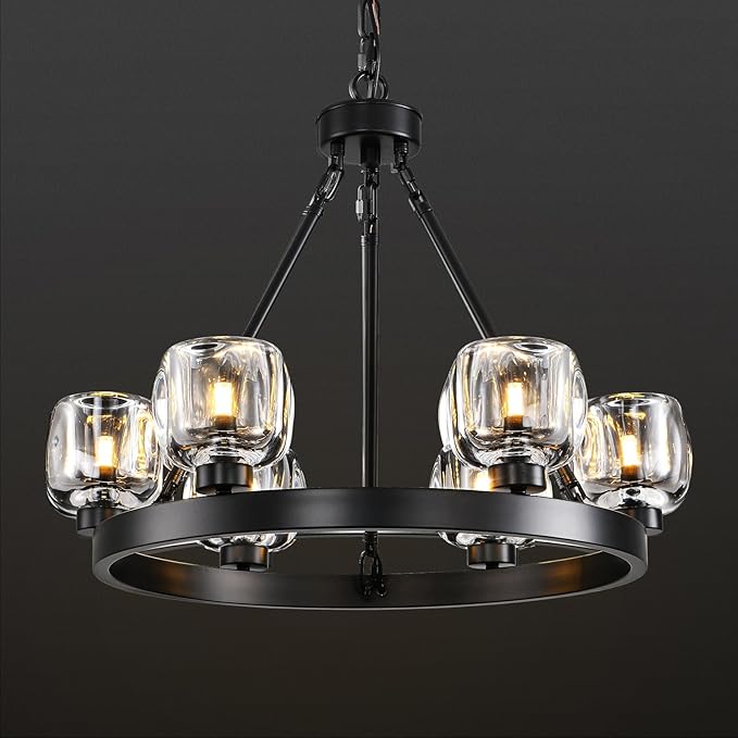 Black Wagon Wheel Chandelier, 24 Inch Black Chandeliers with Unique Glass Shade, 6-Light Crystal Farmhouse Wagon Wheel Chandeliers for Dining Room, Round Chandelier for Living Room, Foyer, Entryway