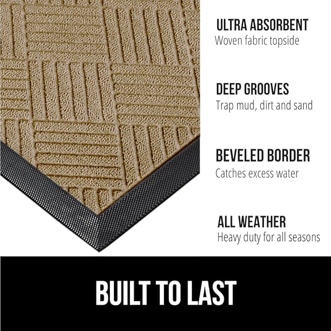 GORILLA GRIP 100% Waterproof All-Season WeatherMax Doormat US Designed Natural Rubber, Stain and Fade Resistant, Low Profile Indoor Outdoor Door Mats, Easy Clean Patio Mat, 17x29, Beige Diamond