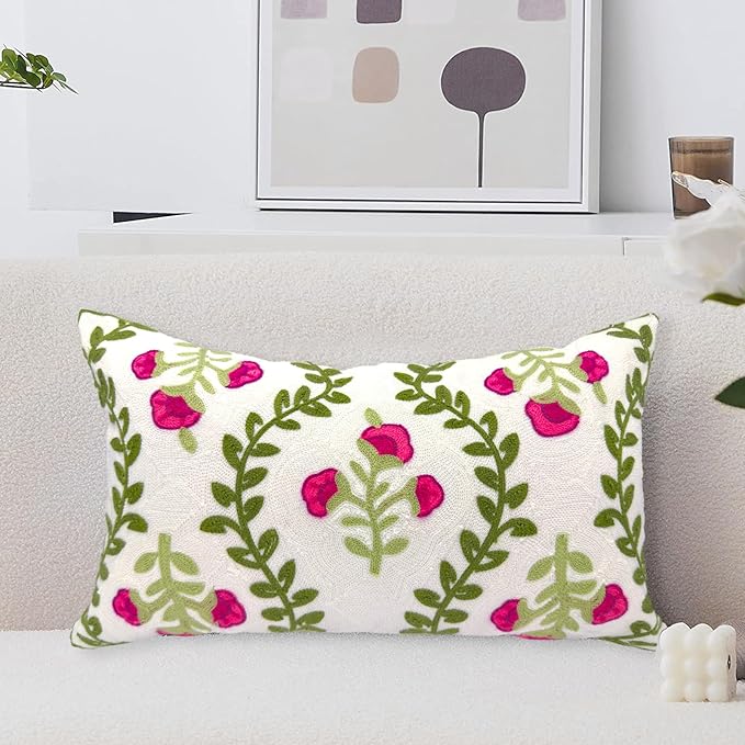 Alysheer Flower Embroidered Summer Decorative Lumbar Throw Pillow Cover 12"x 20", Farmhouse Cottage Hot Pink Floral Green Leaves Patterned Cotton Canvas Cushion Case for Sofa Couch Bed Living Room