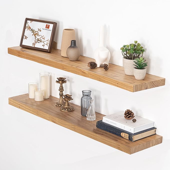 Floating Shelves for Wall, 40"W x 9.3"D x 1.5"H Rustic Solid Elm Wood Wall Shelves, Set of 2 with Invisible Heavy-Duty Metal Bracket, Deep Floating Shelf for Living Room Kitchen, Natural Finish
