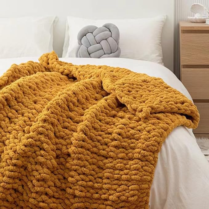 Chunky Knit Blanket Throw 40"*60", Hand Knitted Warm Chenille Throw Blanket, Home Decor Soft Thick Yarn Cable Knit Blanket,Soft Breathable Fleece Banket Christmas for Couch Bed Sofa Best Gift (Yellow)