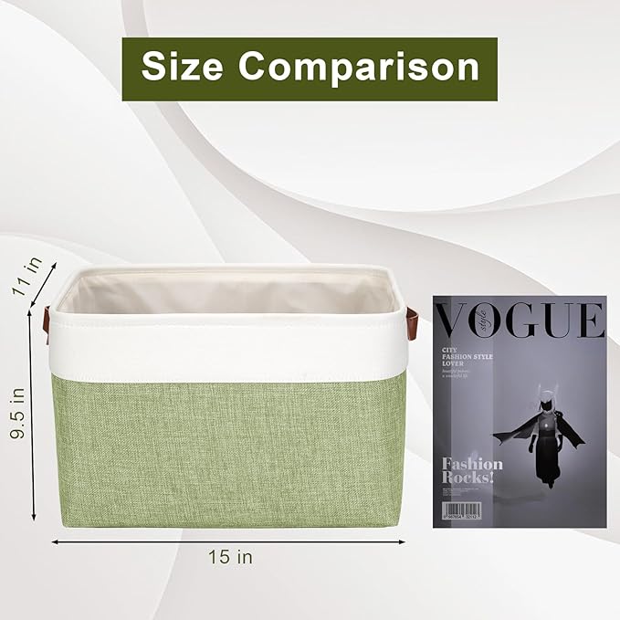Storage Bins Large Fabric Storage Baskets for Shelves 3 Pack, Decorative Linen Closet Baskets with Handles for Organizing, Shelf, Clothes, Home, Office, 15x11x9.5Inches (Green&White)