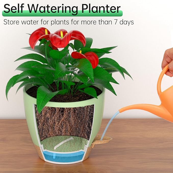 ZMTECH 10 Inch Hanging Planters for Indoor Outdoor Plants, 2 Pack Self Watering Hanging Plant Pots with Drainage Holes and Removable Saucer, Plastic Flower Hanging Pots with Watering Lip (Green)