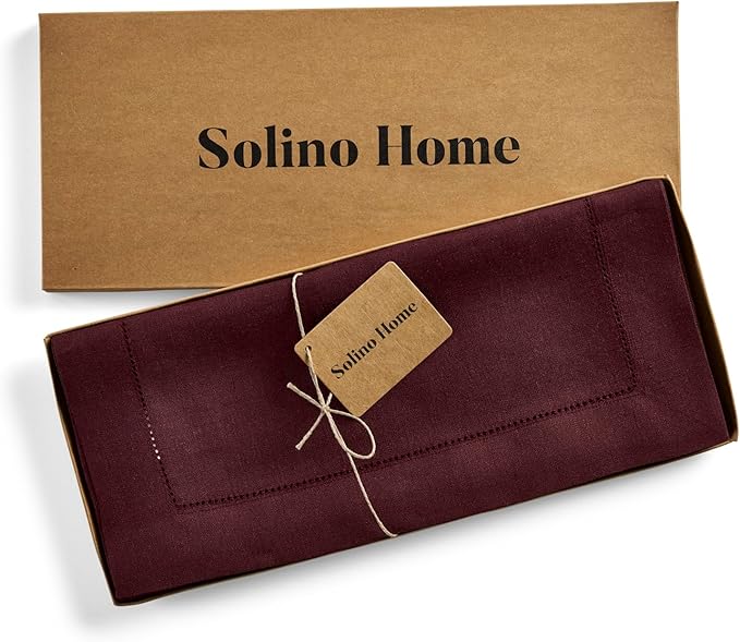 Solino Home Linen Table Runner 60 Inches - 100% Pure Linen Burgundy Hemstitch Table Runner 14 x 60 Inch Ideal for Dresser and Coffee Tables - Fall, Autumn, Thanksgiving - Classic Hemstitch