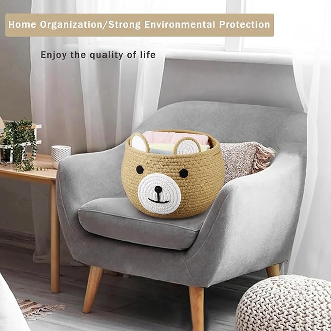 PandaEar Cotton Rope Baby Basket, Baby Gift Basket Nursery Laundry Organizer with Cute Bear Design for Storage Infant Newborn Essentials, Diaper Caddy with Handle (Brown)