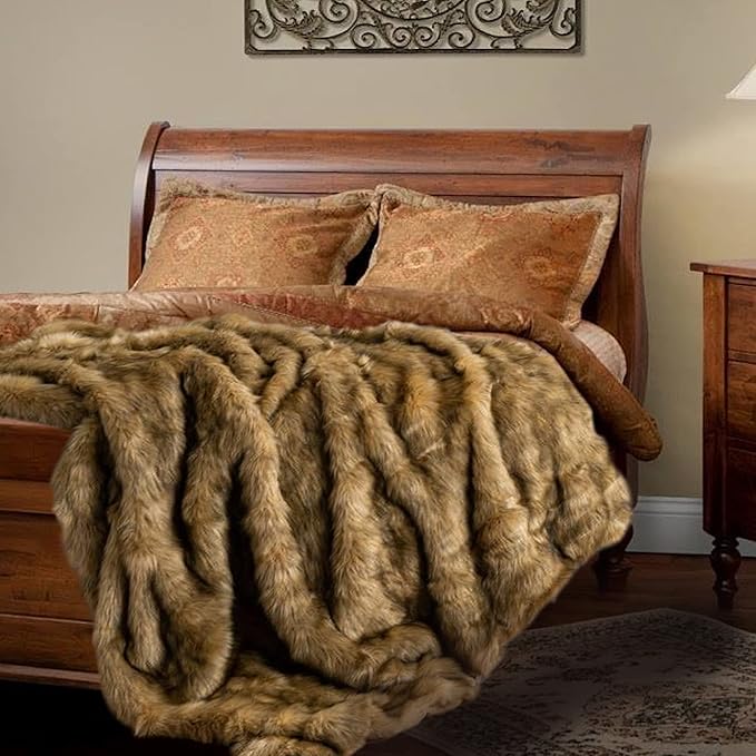 BATTILO HOME Golden Faux Fur Throw Blanket for Couch Sofa, Long Pile Fur Blankets and Throws, Elegant, Fluffy Thick Warm Heavyweight Fur Blanket Reversible to Plush Velvet, 50"x60"