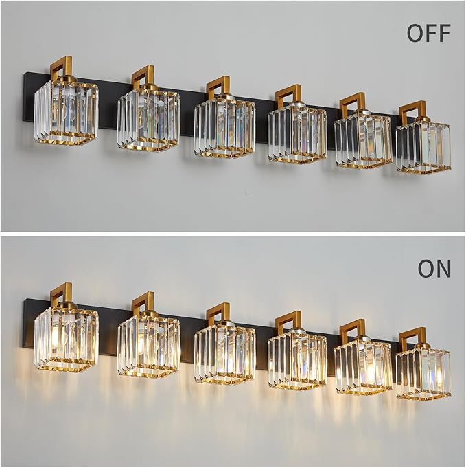 Modern Bathroom Vanity Light 6-Lights Black Gold Crystal Wall Lamp Bathroom Modern Crystal Vanity Lighting