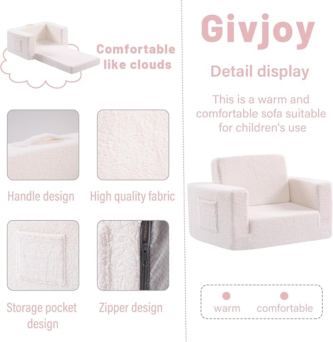 Toddler Chair Sherpa Kids Couch, 2-in-1 Soft Kids Sofa Lounger for Bedroom, Convertible Couch for Girls and Boys, Reading Chair, Beige