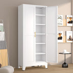 Metal Pantry Cabinet with 2 Doors and 5 Adjustable Shelves, 75" Kitchen Storage cabinets with Gold Handles, Versatile Storage for Laundry Room, Living Room, Bathroom, Dinning Room, Utility Room-White