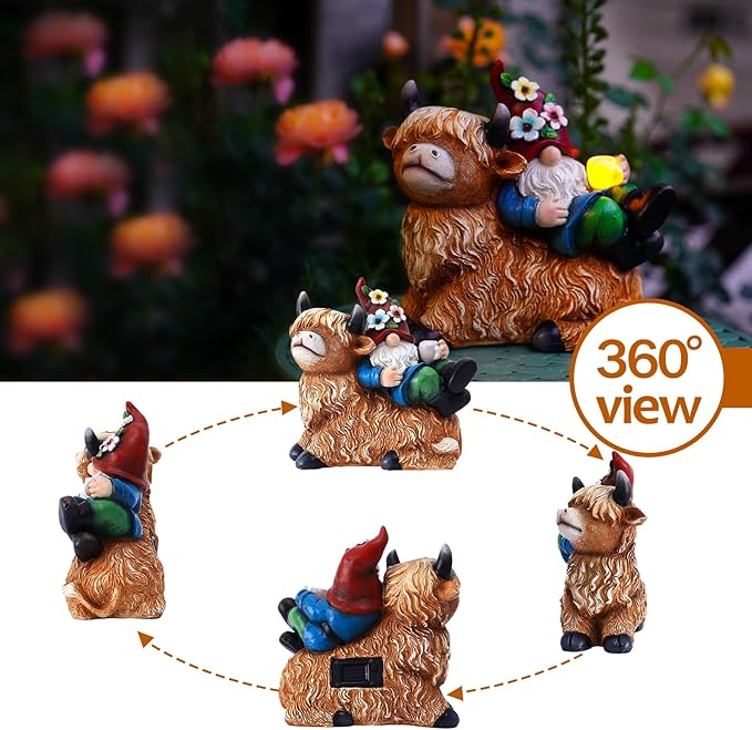 Garden Gnomes Decor Outdoor Statues Gnome on Highland Cow Hold Solar Cup Light Outdoor Decorations for Patio,Yard and Gift for Mom