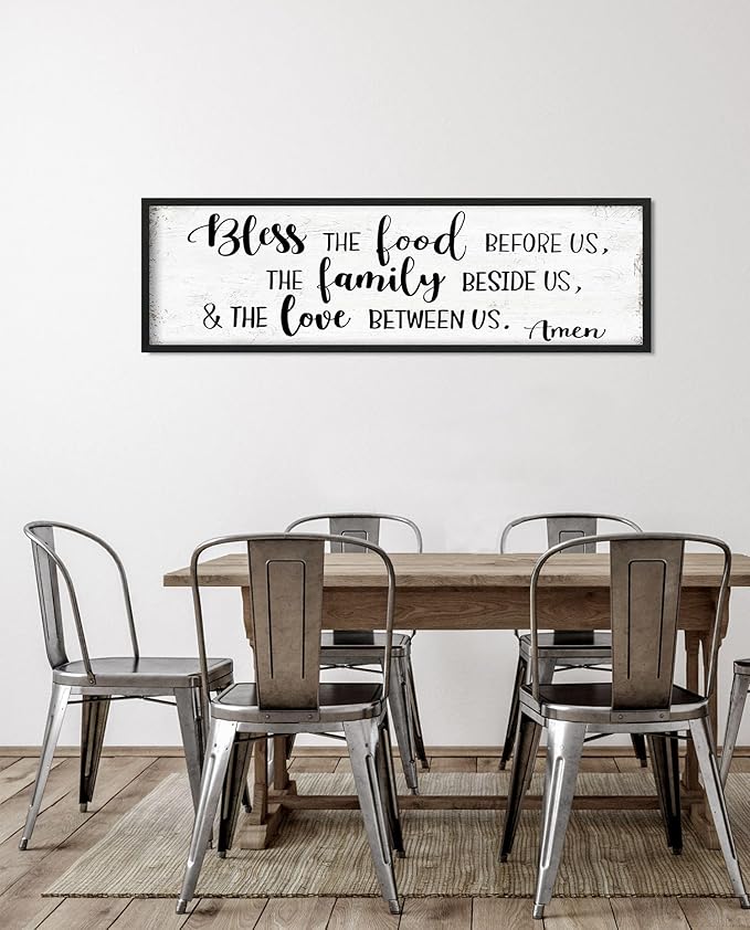 Bless the Food Before Us Wall Decor: Farmhouse Rustic Kitchen Signs Wall Decor Framed Hanging Wall Plaques 12" x 40",Inspirational Quotes The Family Beside Us Signs