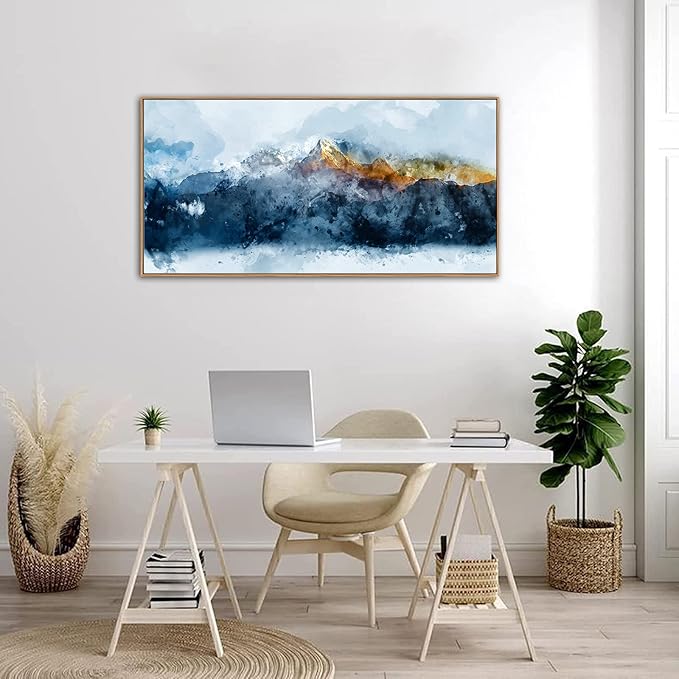 Framed Canvas Wall Art Indigo Abstract Mountain Pictures Wall Decor Blue Grey Orange Mountain Peaks Canvas Painting Prints Modern Abstract Artwork for Living Room Bedroom Decoration 24" x 48"