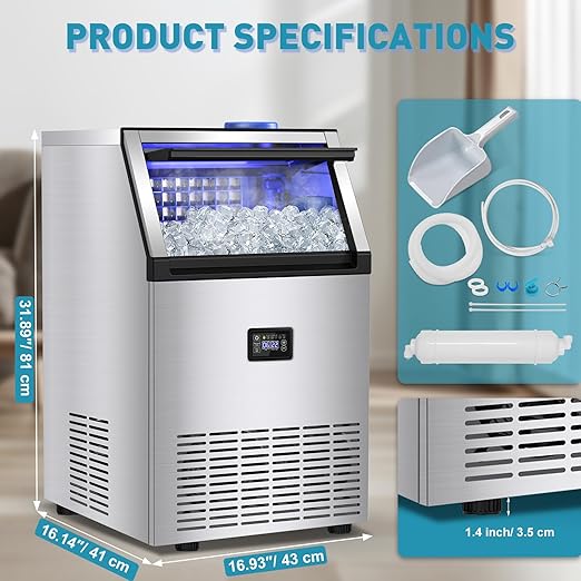 Commercial Ice Maker Machine, 175Lbs/24H with 45Lbs Storage, 55Pcs Clear Ice Cubes in 8-15Mins, Freestanding Stainless Steel Ice Machine for Home, Bar, Party, Office - Fast Ice Making & Easy to Clean