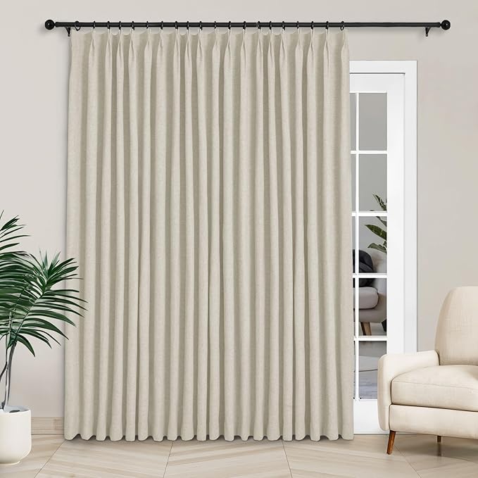 Macochico 100”Wx96”L Pinch Pleated 100% Blackout Linen Curtains Thermal Sliding Curtains for Bedroom Living Room Sliding Glass Door Farmhouse Shabby Chic Ivory White Drapery with Tieback 1 Panel
