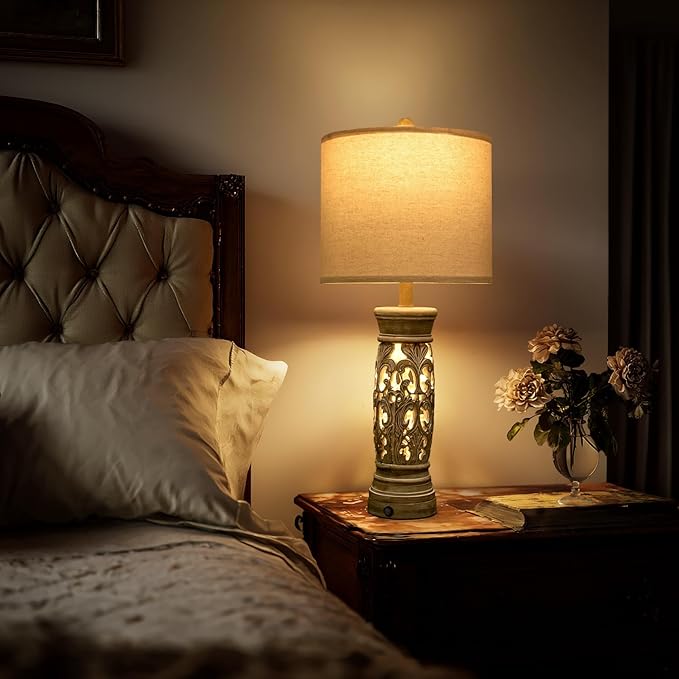 BOBOMOMO 27.25” Rustic Farmhouse Table Lamps Set of 2 – Vintage Bedside Lamps with Night Light & USB A+C Ports, Retro Lamps for Bedroom, Living Room, Entryway, Cozy Corner (Bulbs Included)