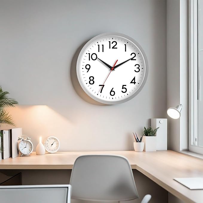 Wall Clock Modern Battery Operated 10 Inch Simpel Silent Non Ticking Decorative for Kitchen Office Outdoor Bedroom Living Room School Classroom(Silver)