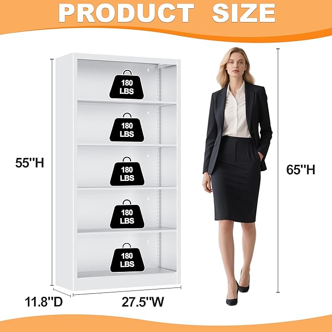 White Bookshelf, 55” Adjustable Tall Metal Bookshelf, 5-Tier Wide Bookshelf with Anti-Tilt Device, Modern Book Cases and Book Shelves for Bedroom, Living Room, Playroom, Study