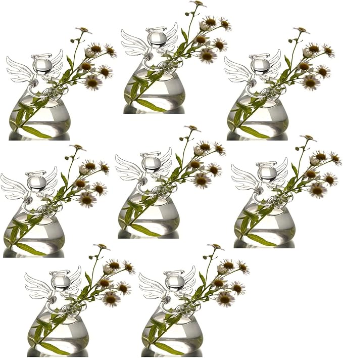 Angel Design Glass Vases Clear Flower Plant Terrarium Container Hanging Vase Wedding Decor Garden Ornaments Hanging Planter (Pack of 8)
