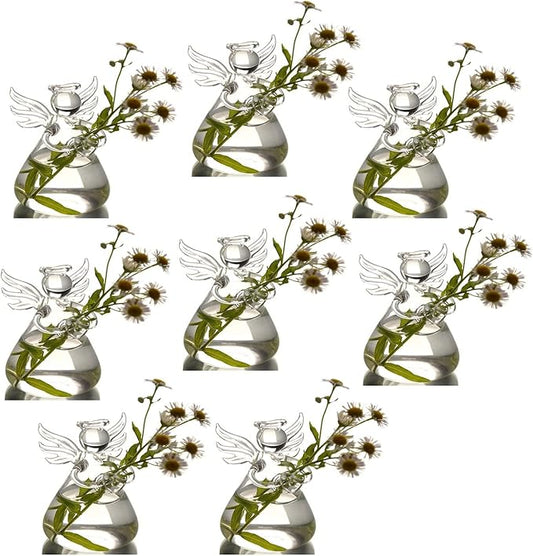 Angel Design Glass Vases Clear Flower Plant Terrarium Container Hanging Vase Wedding Decor Garden Ornaments Hanging Planter (Pack of 8)