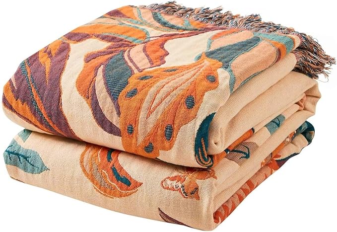 Boho Throw Blanket for Bed, 100% Cotton Soft Rustic Quilt Fall Blanket, 90"x98" Floral Printed Farmhouse Decor Bed Blankets, All Season Rustic Reversible Bohemian Throw Quilt
