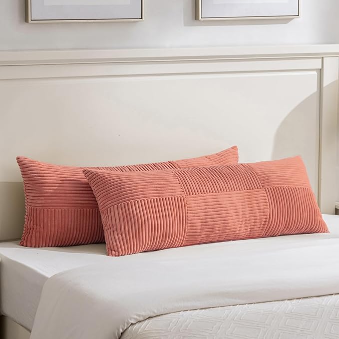 Fancy Homi Set of 2 Coral Boho Long Lumbar Body Decorative Throw Pillow Cover 14x36 Inch for Bed Couch Bedroom Bench, Soft Patchwork Corduroy Textured Pillow Case, Rustic Farmhouse Room Décor