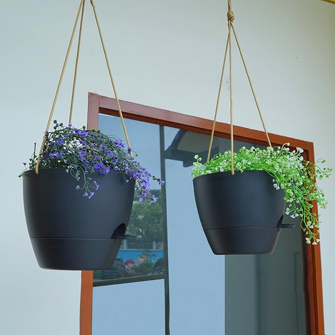 10 Inch Self Watering Hanging Pots, 2 Pack Hanging Planters with 40oZ Deep Reservior for Indoor Outdoor Plants Flowers, Black