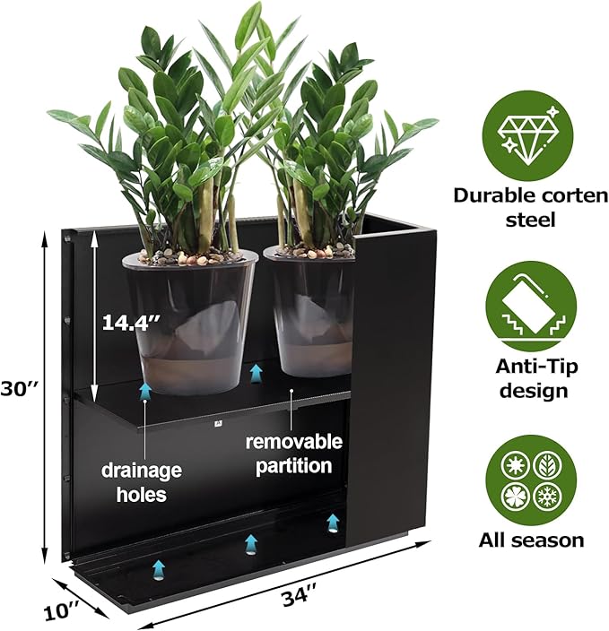 Large Rectangular Metal Planter Box Outdoor 30" H x 34" W x 10" D,Tall Flower Pot with Quick Installation,Long Black Planters for Outdoor Plants with Drainage Holes for Plants,Patio,Garden