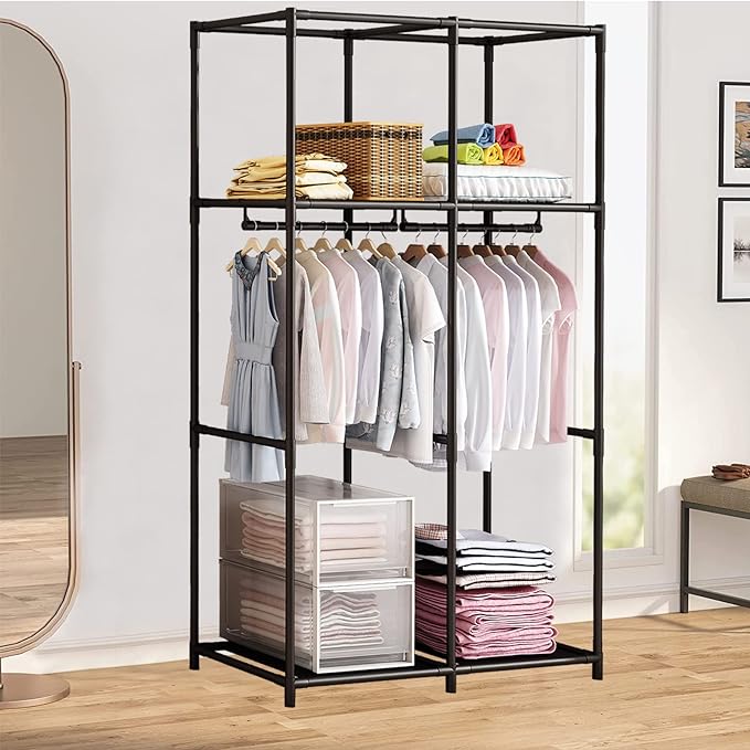 SORCEDAS Portable Wardrobe Closet Storage Organizer Metal Hanging Rack Non-Woven Fabric 34 Inch Coffee (34 Inch, Coffee)